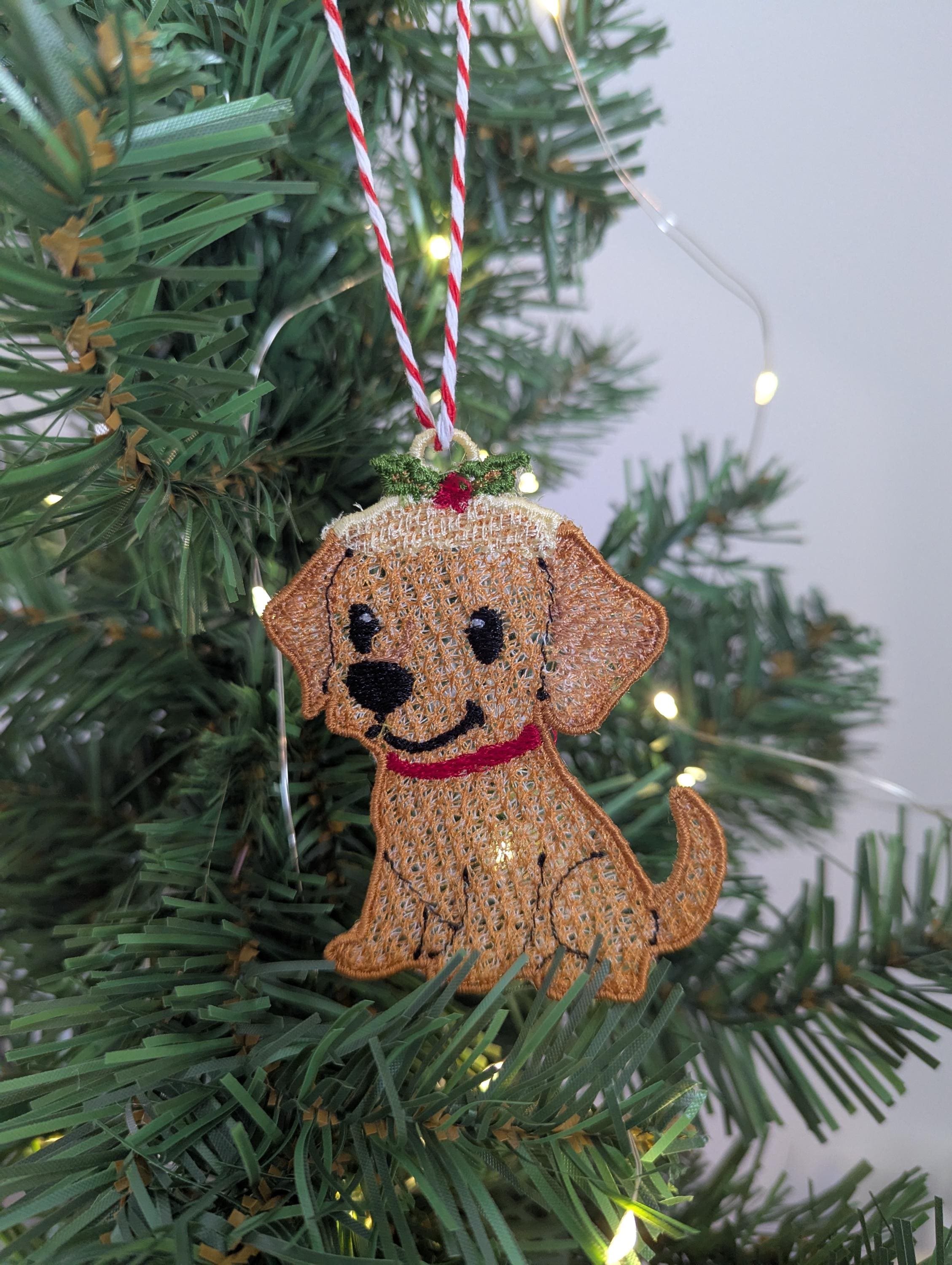 Embroidered hanging Labrador Christmas decorations, machine embroidery