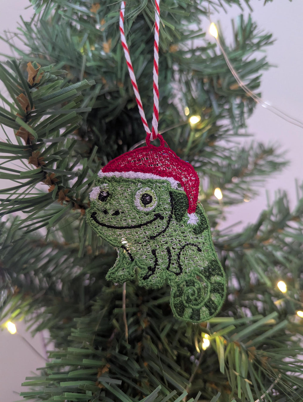 Embroidered hanging Chameleon for the christmas tree, fun playful decoration