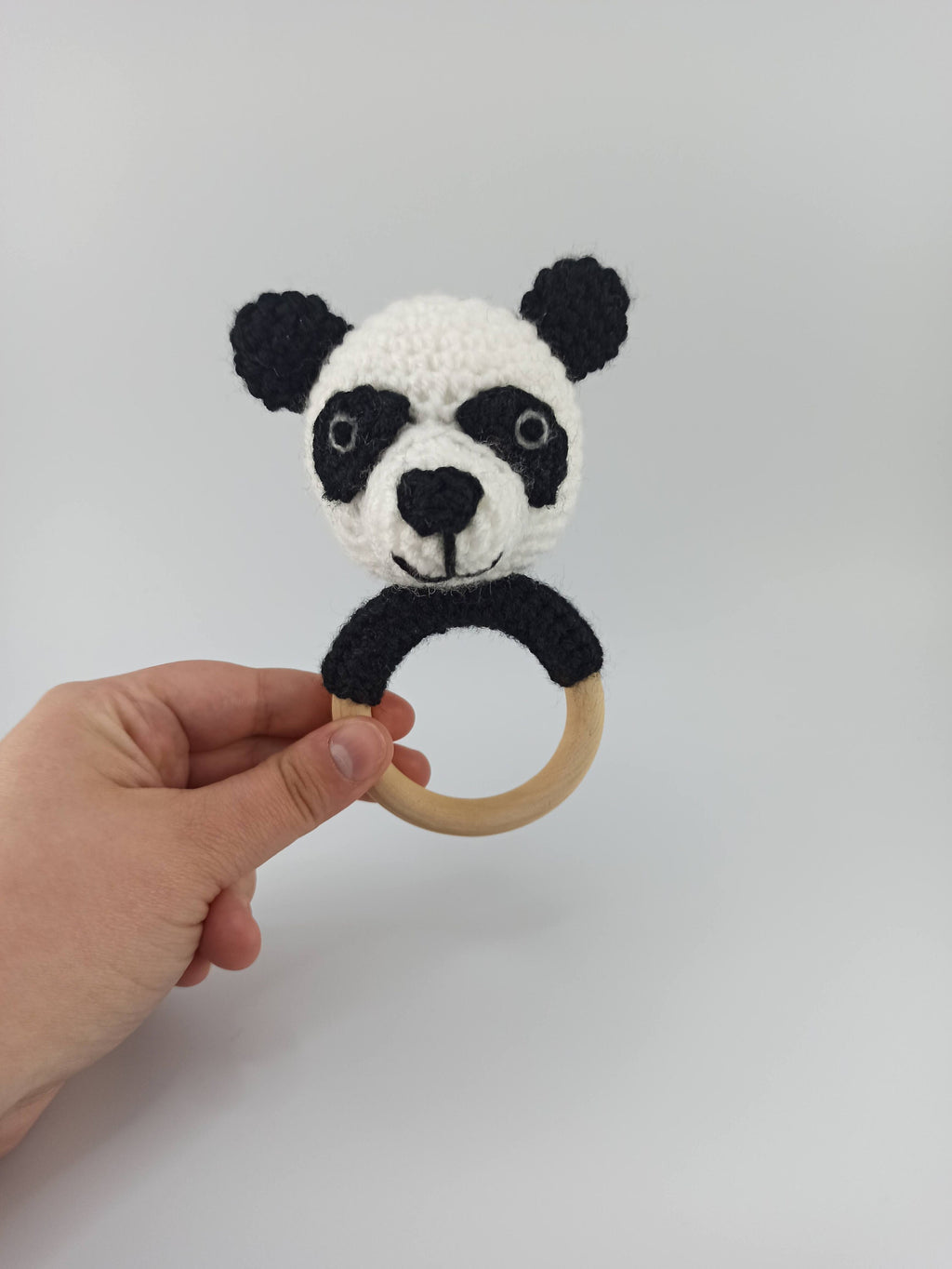 Crochet Panda Teether: Wooden Rattle Ring, Newborn Gift