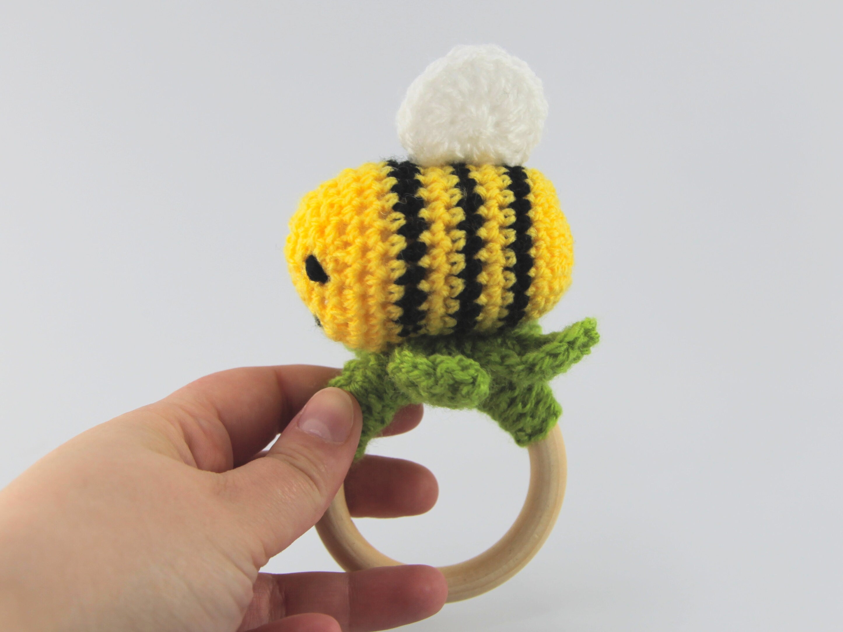 Crochet Bumblebee Wooden Teething Ring, Baby Shower Gift