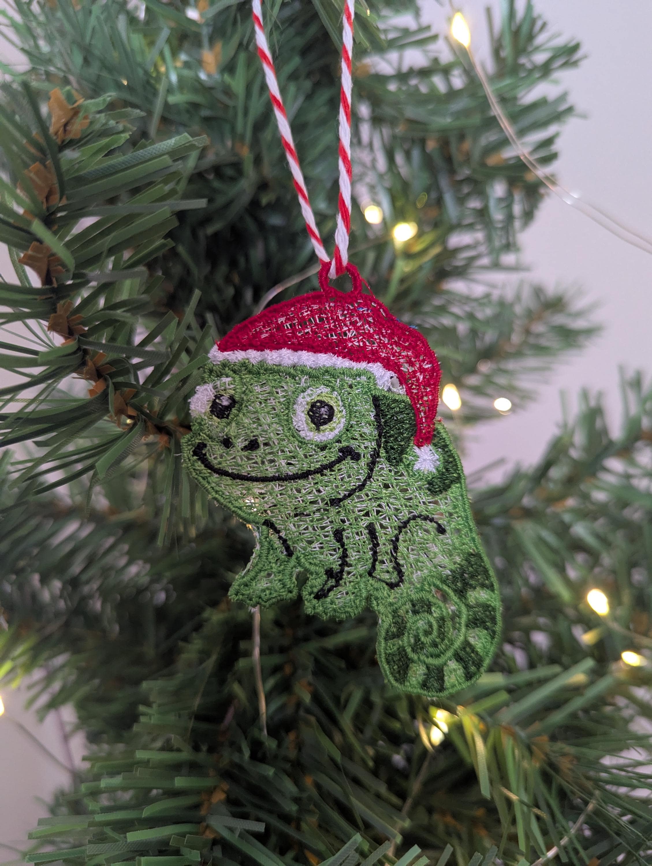 Embroidered hanging Chameleon for the christmas tree, fun playful decoration