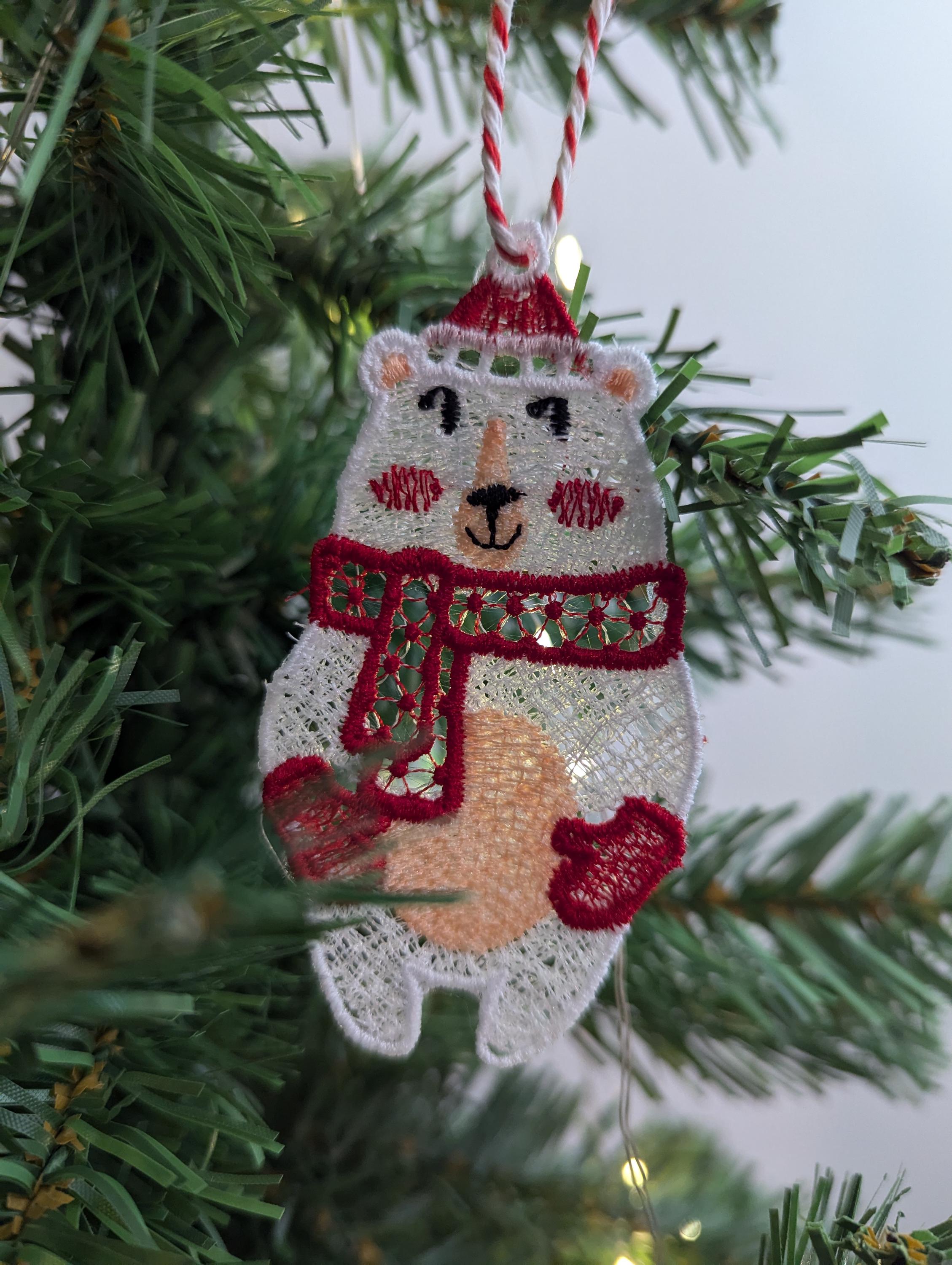 Embroidered Lace Polar Bear Christmas Ornament