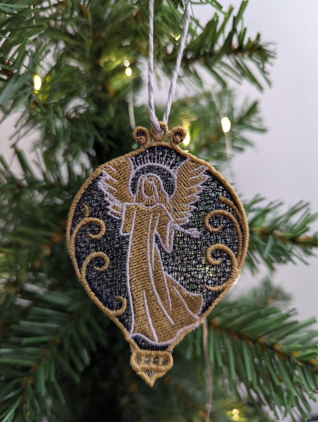 Hanging nativity decoration, machine embroidery, first Christmas