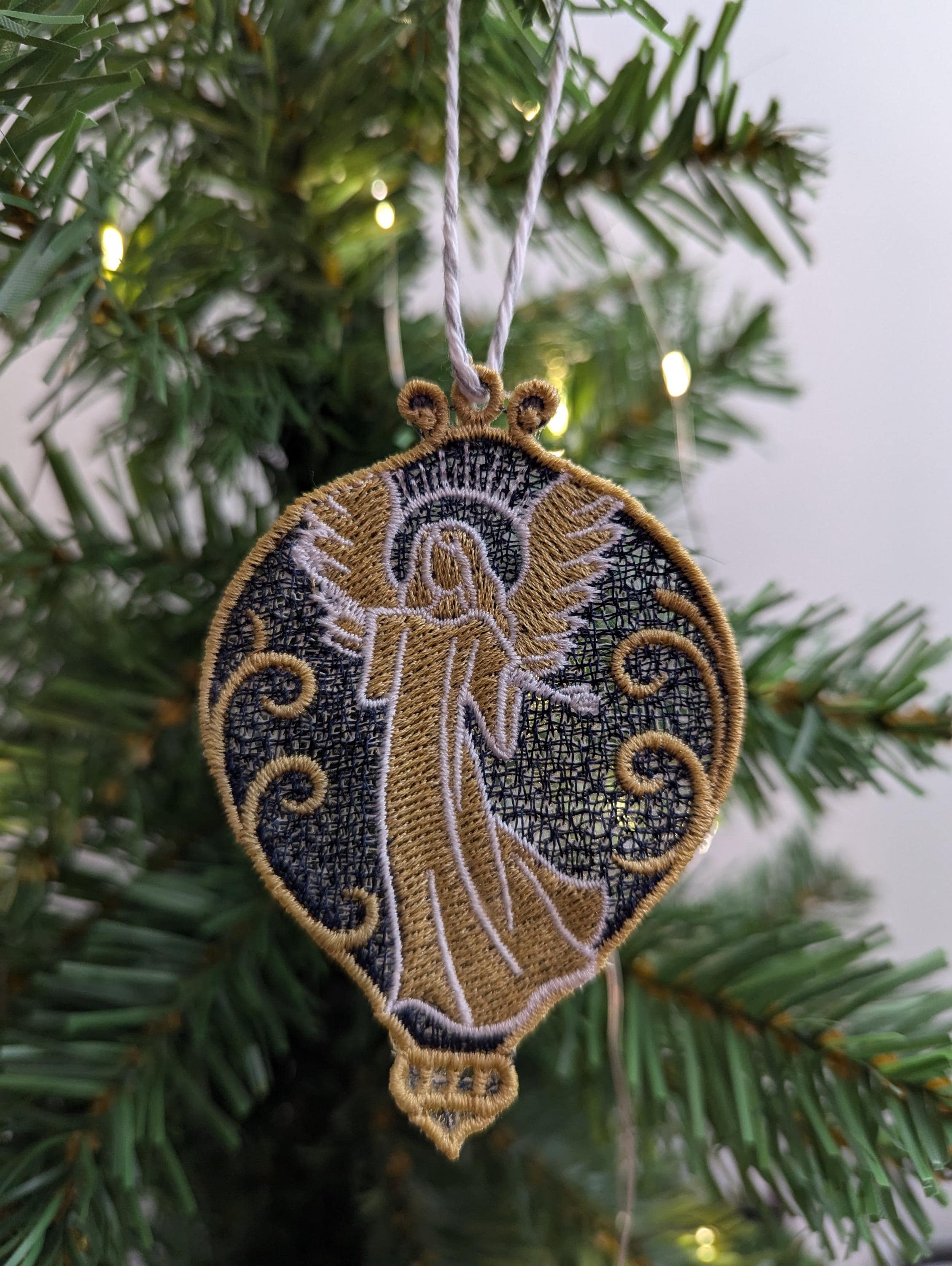 Hanging nativity decoration, machine embroidery, first Christmas
