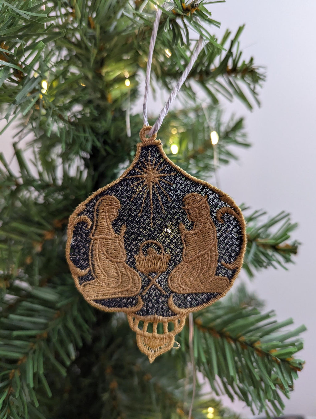 Hanging nativity decoration, machine embroidery, first Christmas