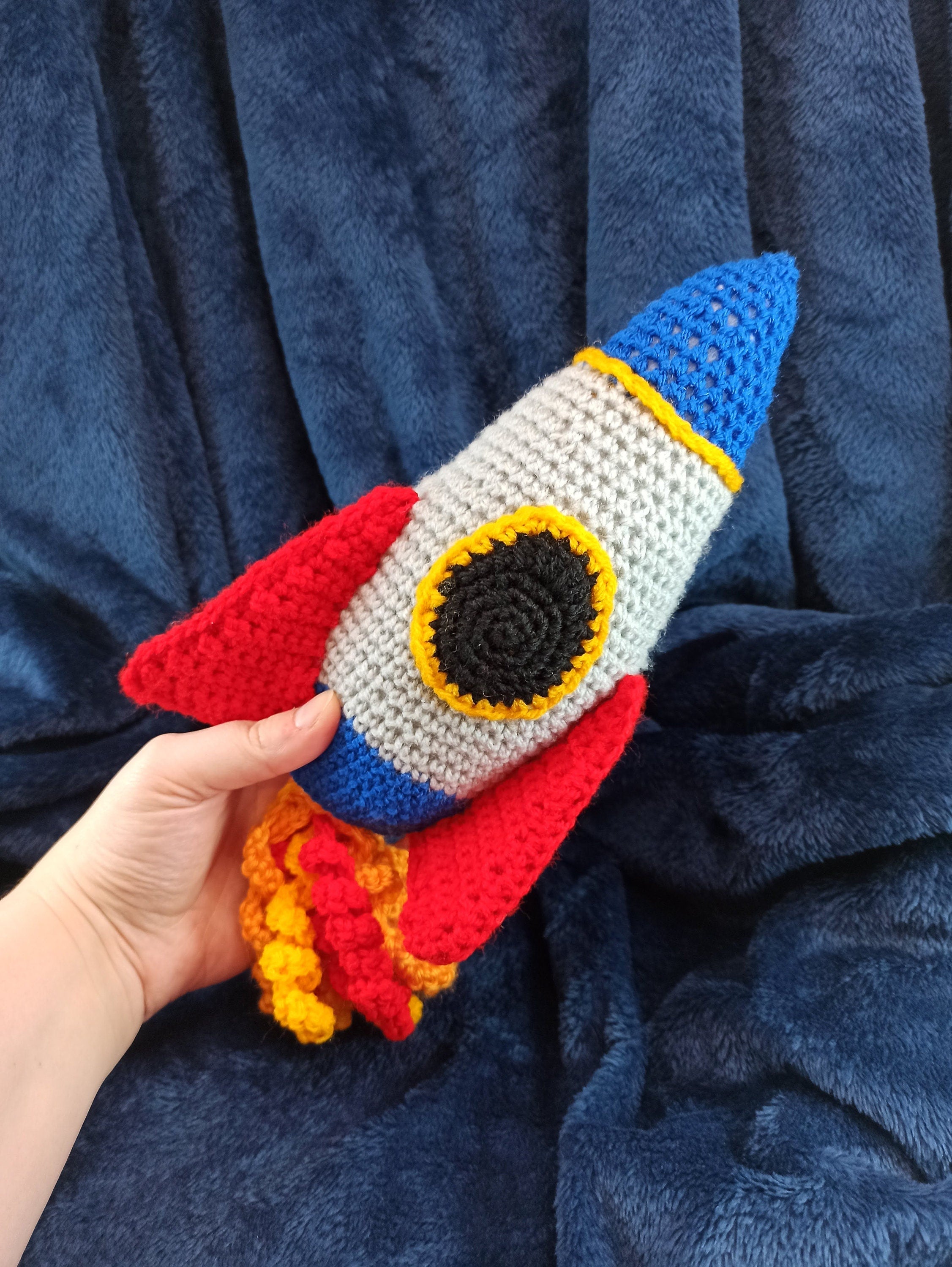 Cuddly Rocket crochet soft plush toy, plushies outer space, spacecraft, space planets moon stars
