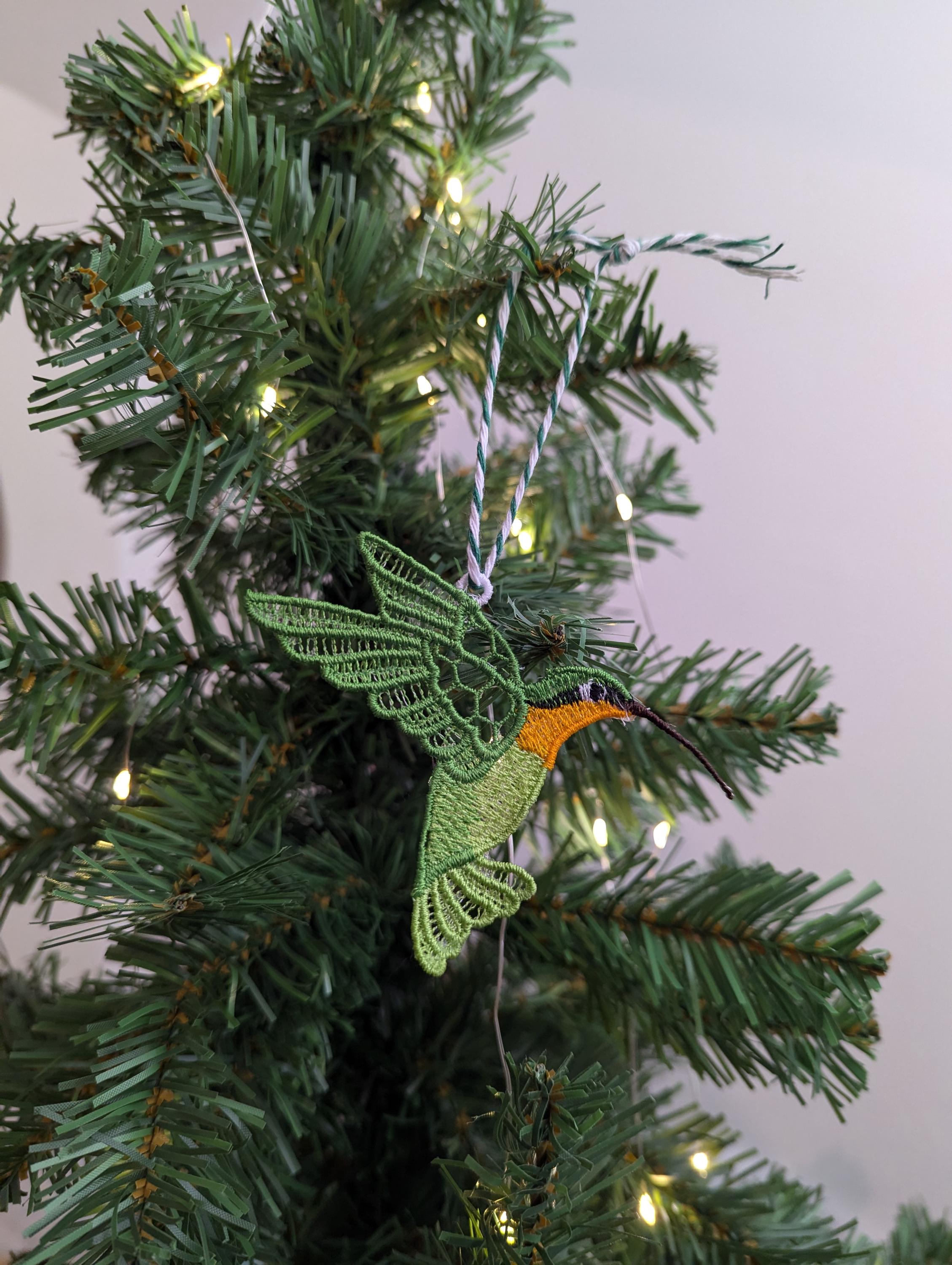 Lace Hummingbird Ornament: Machine Embroidery, Colorful Tree Decoration