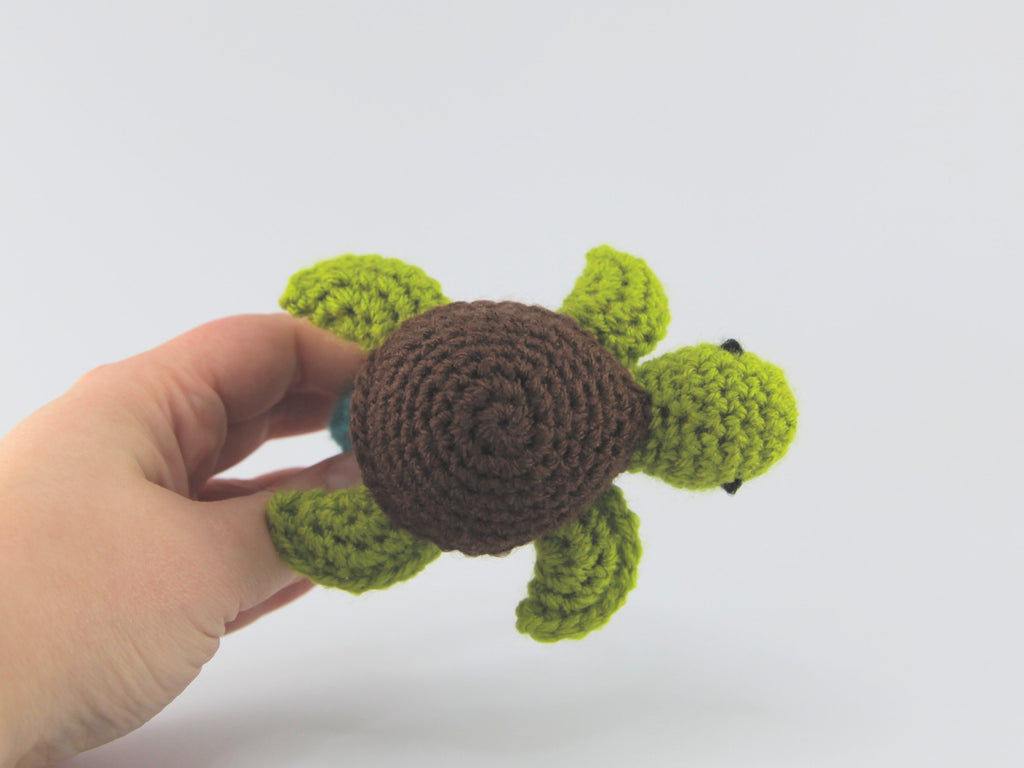 Crochet Turtle Teething Ring, Rattle, Wooden Baby Teether