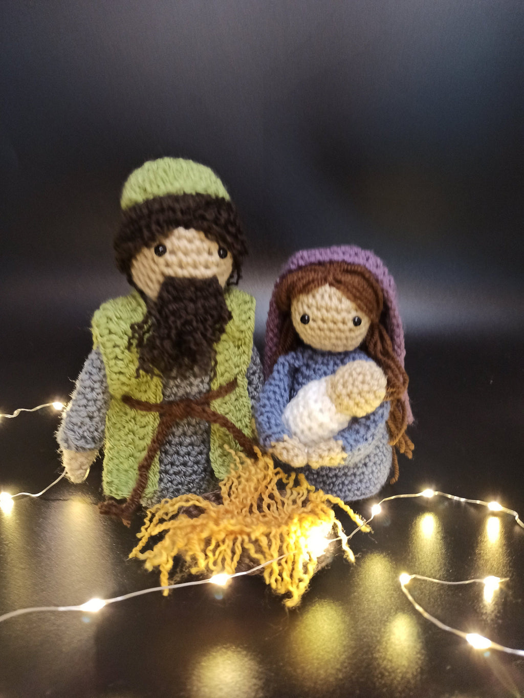 Handmade Crochet Nativity Set: Mary, Joseph, Jesus, Manger