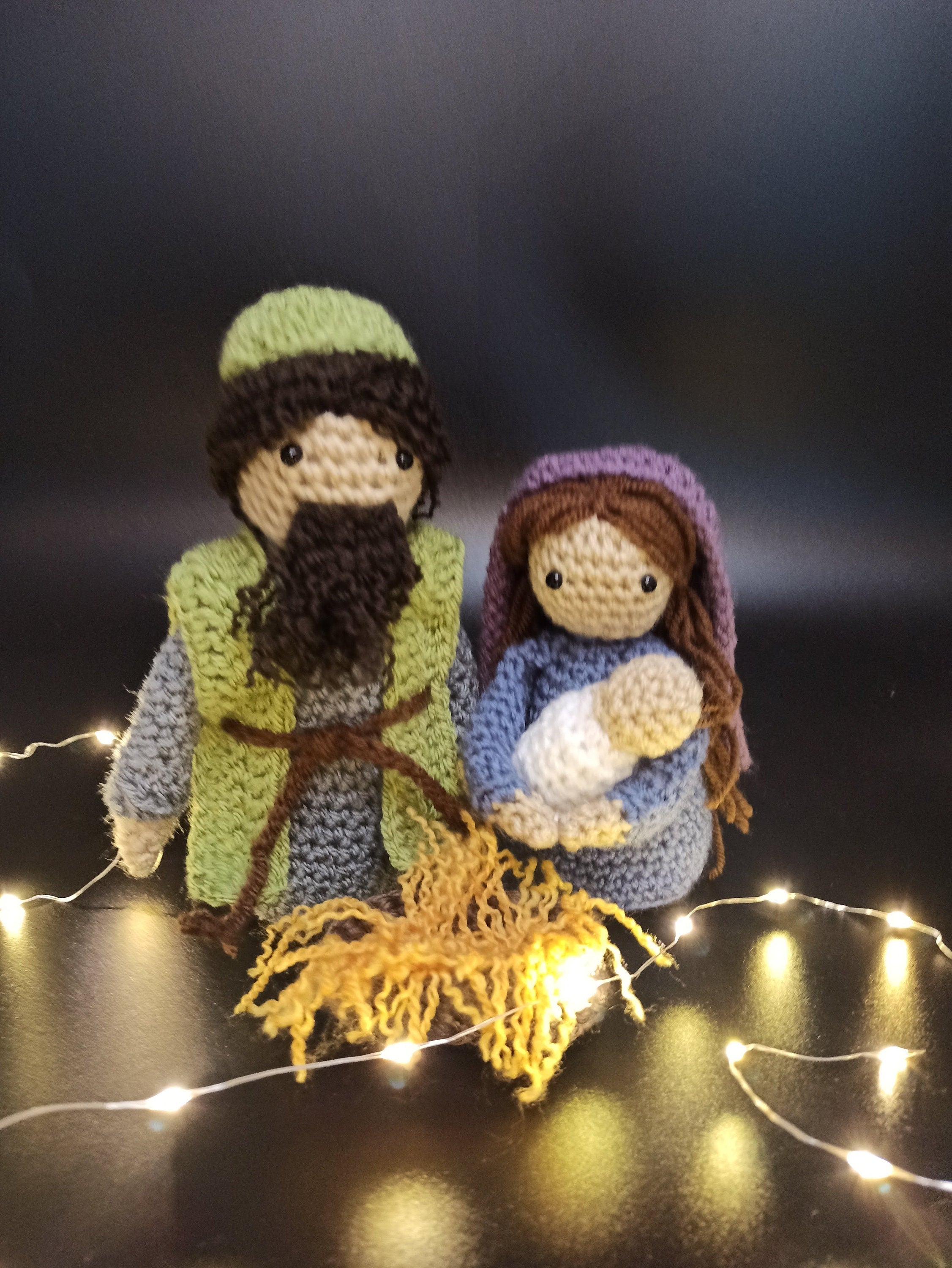 Handmade Crochet Nativity Set: Mary, Joseph, Jesus, Manger