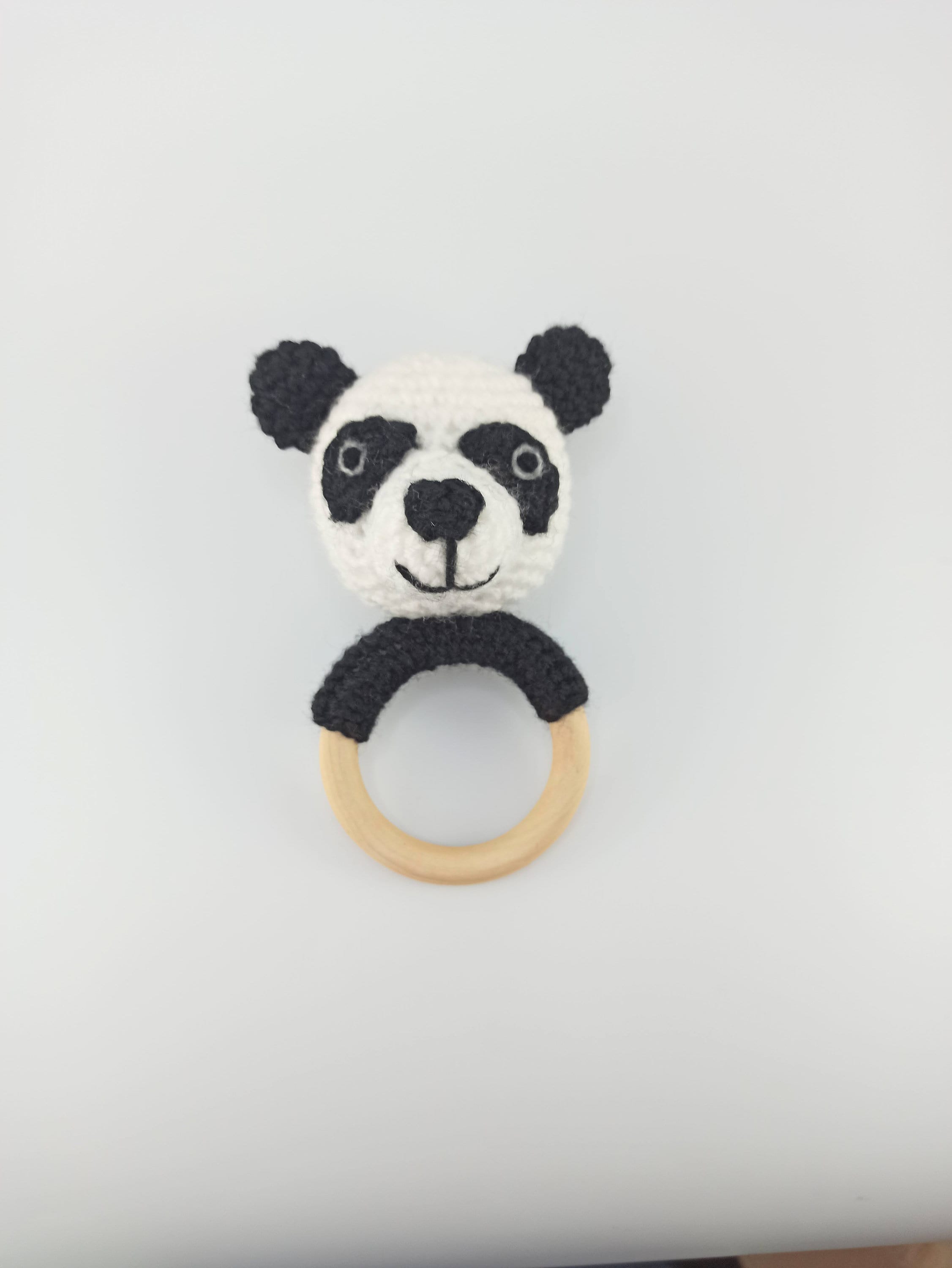 Crochet Panda Teether: Wooden Rattle Ring, Newborn Gift