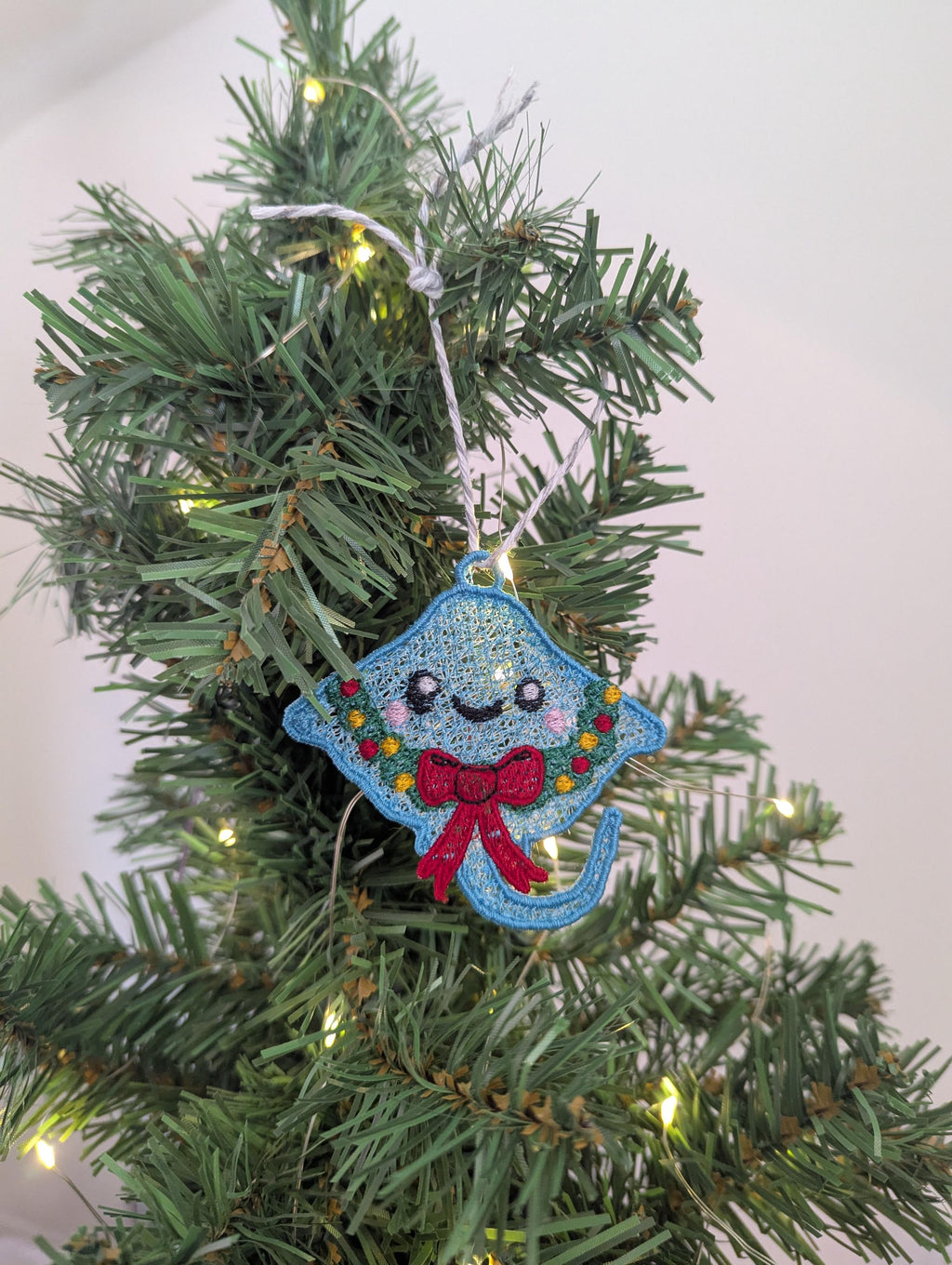 Embroidered hanging Ray for the christmas tree, fun playful decoration