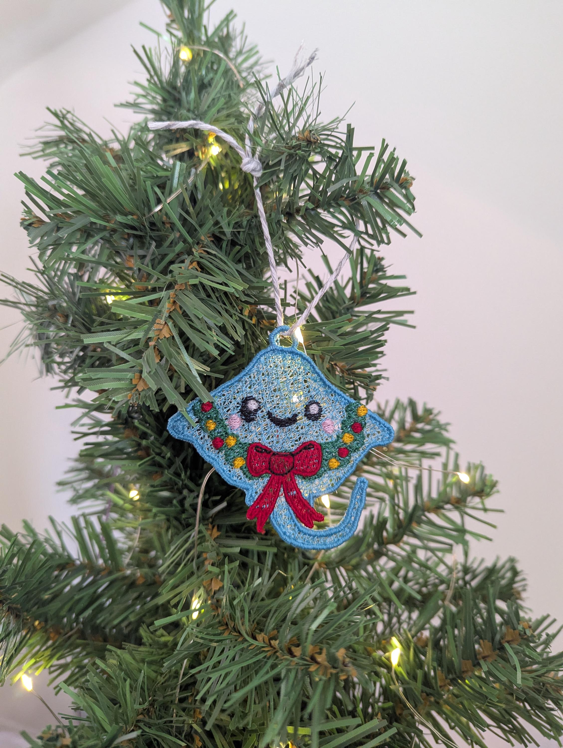 Embroidered hanging Ray for the christmas tree, fun playful decoration