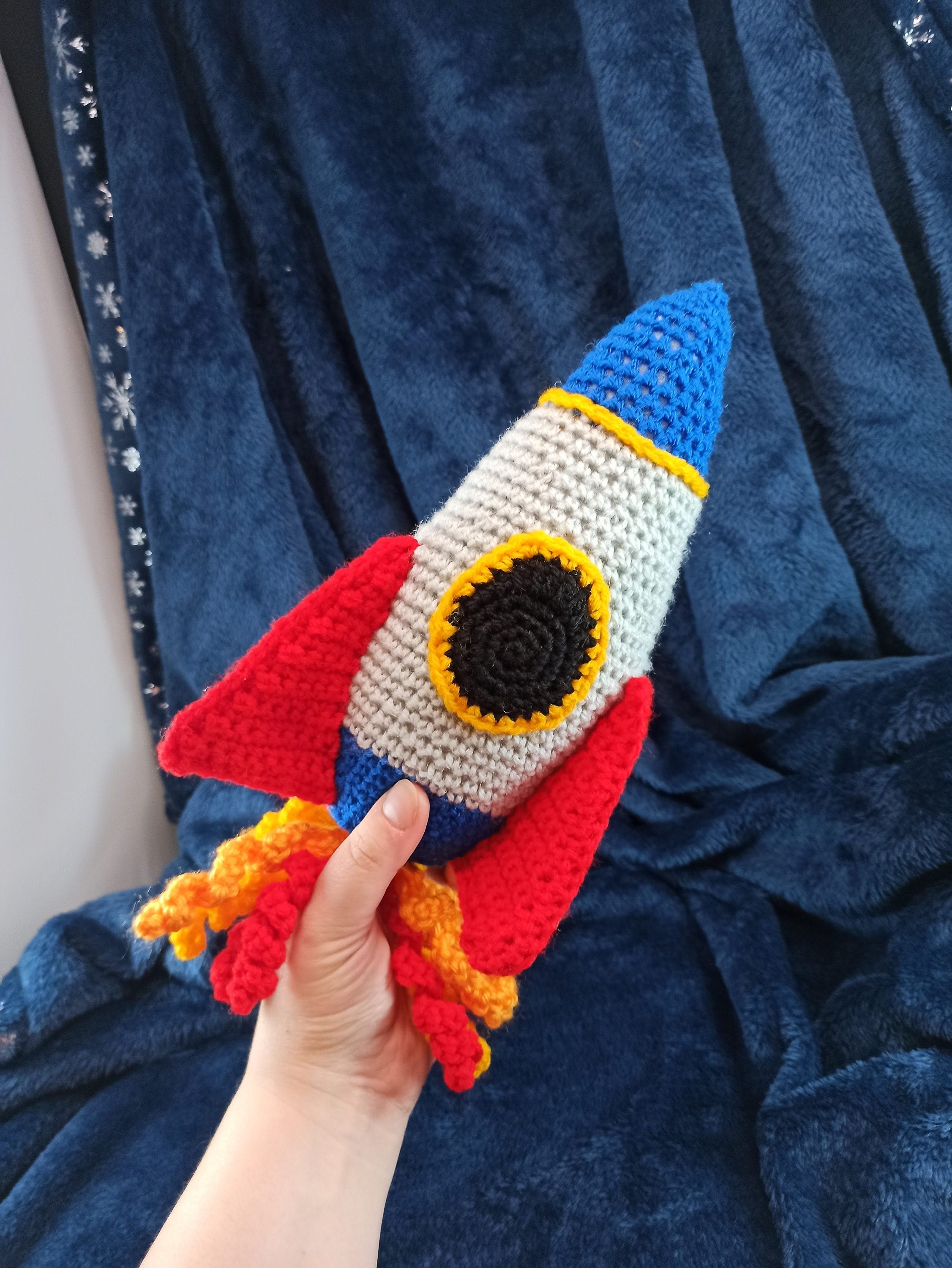 Cuddly Rocket crochet soft plush toy, plushies outer space, spacecraft, space planets moon stars