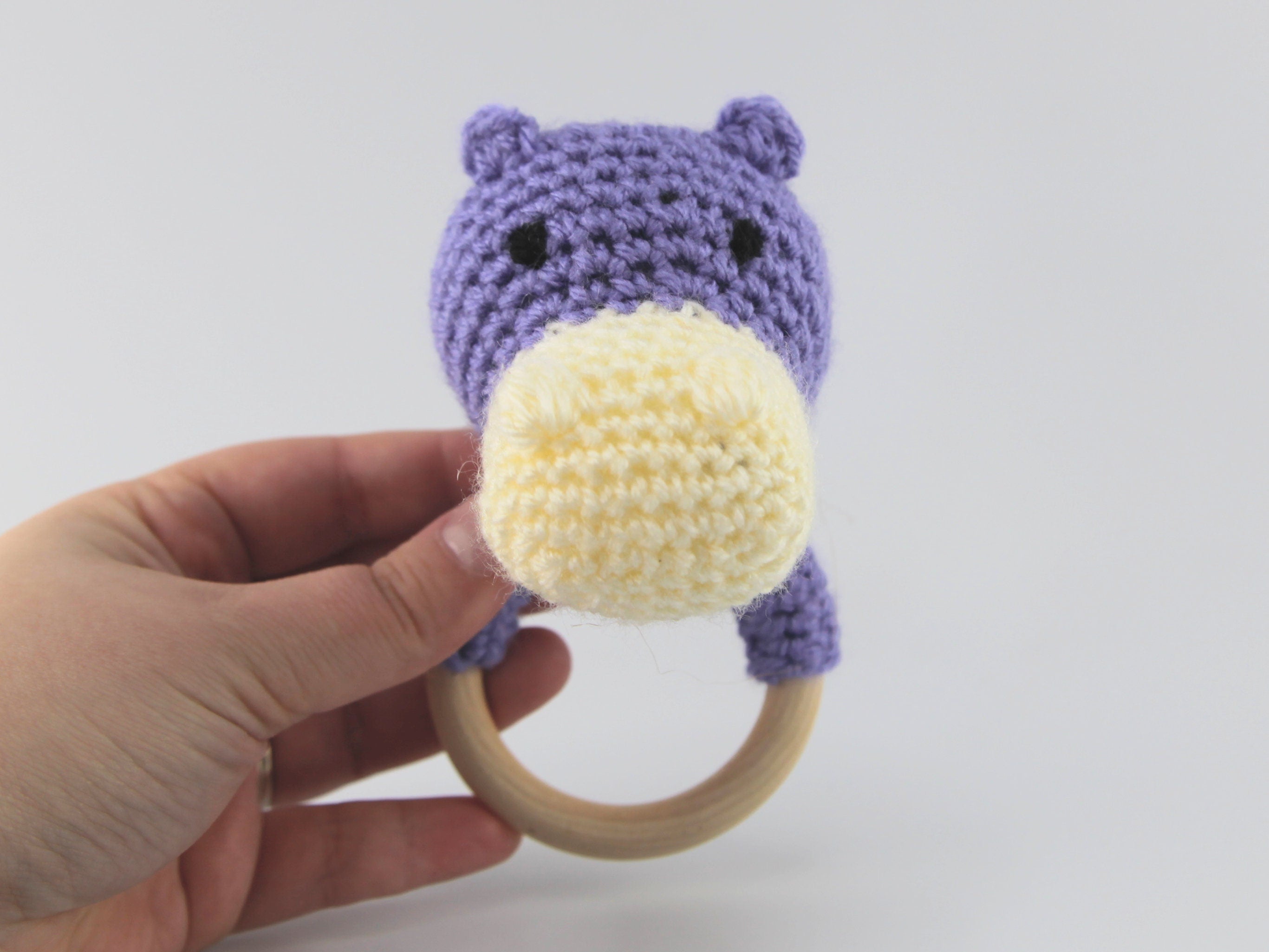 Crochet Hippo Teething Ring: Wooden Rattle, Newborn Gift