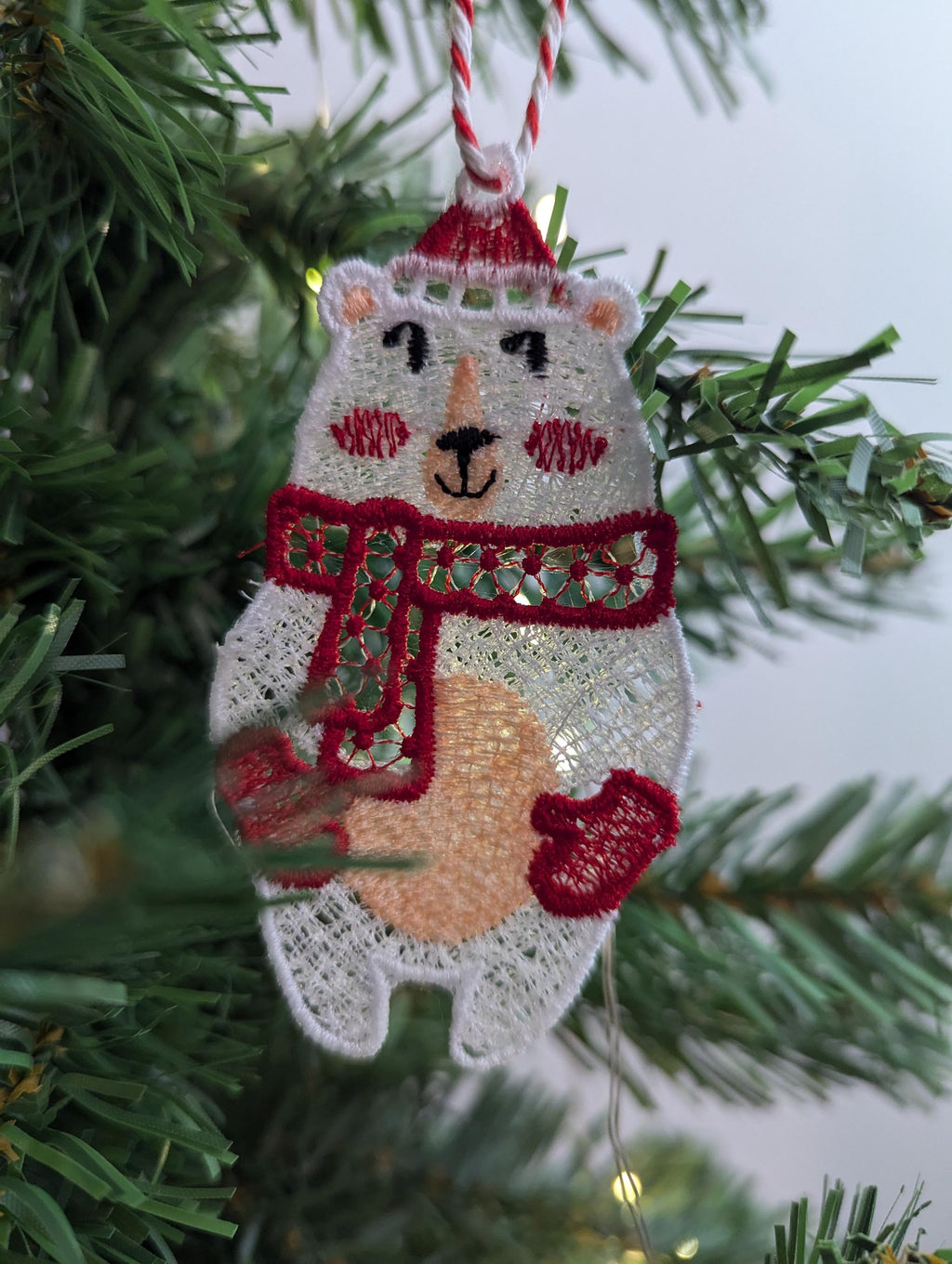 Embroidered Lace Polar Bear Christmas Ornament