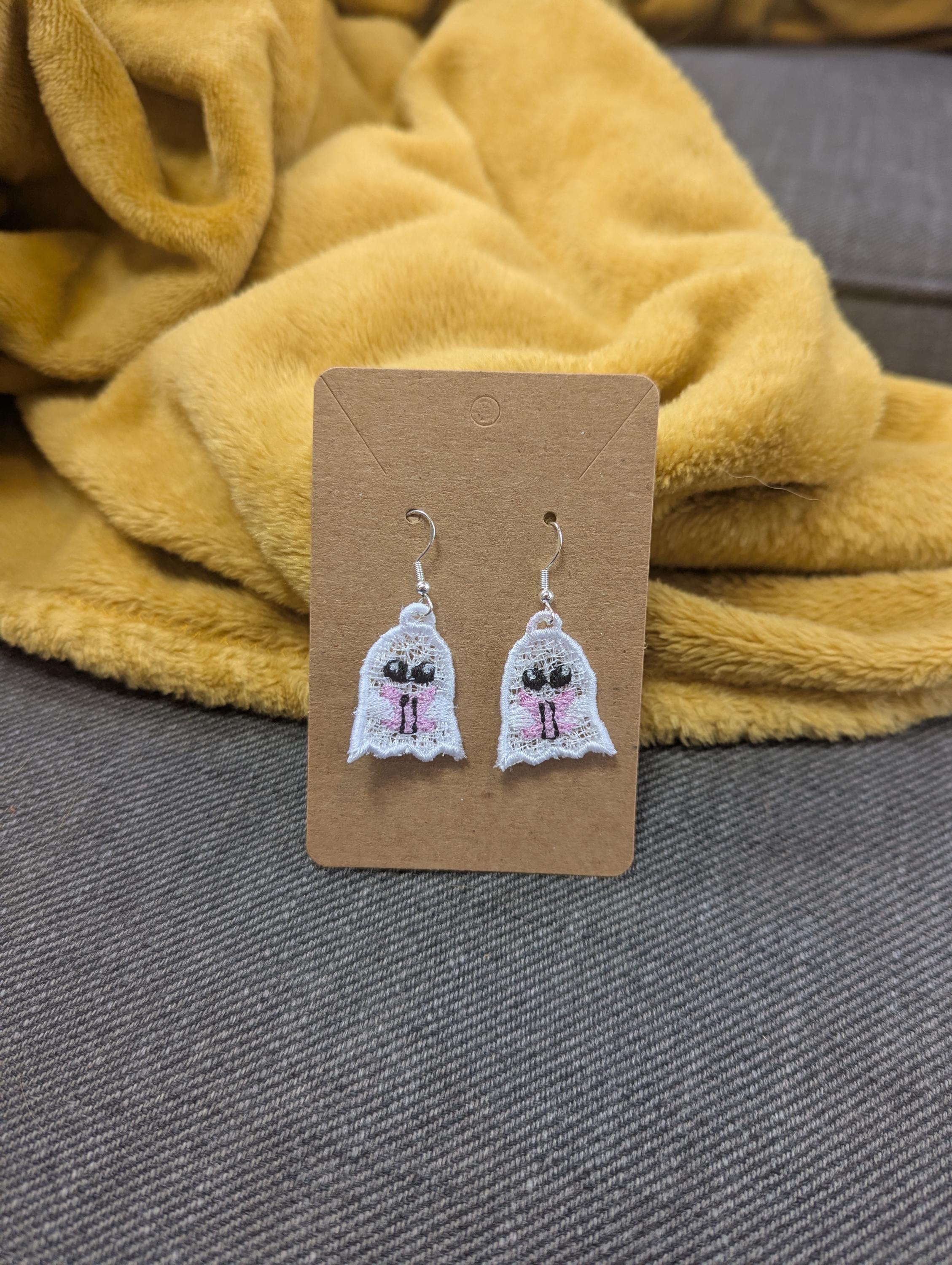 Book Lover Ghost Earrings: Embroidered Acrylic Thread Dangle Earrings