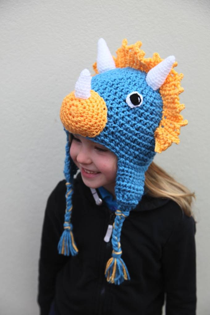 Crochet Triceratops hat, toddler, child, adult hat sizes