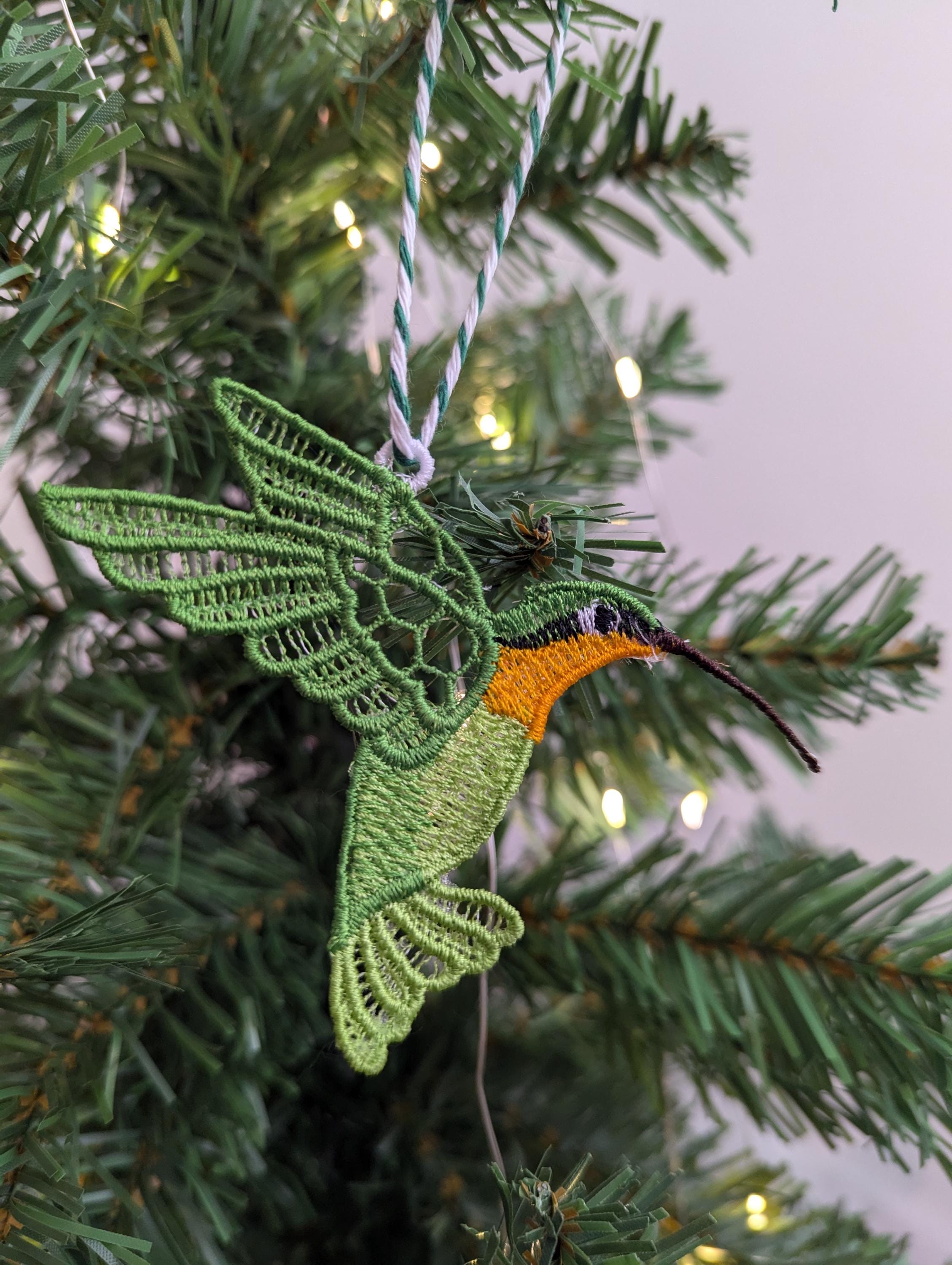 Lace Hummingbird Ornament: Machine Embroidery, Colorful Tree Decoration