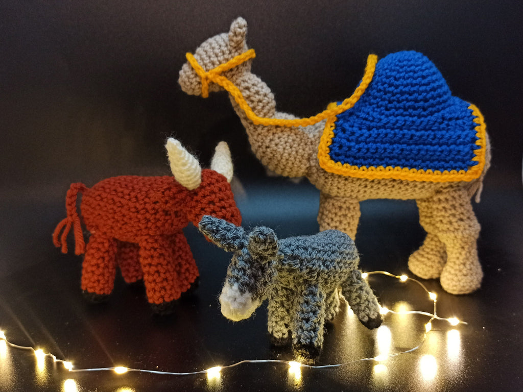 Handmade Crochet Nativity Animal Set: Camel, Cow & Donkey