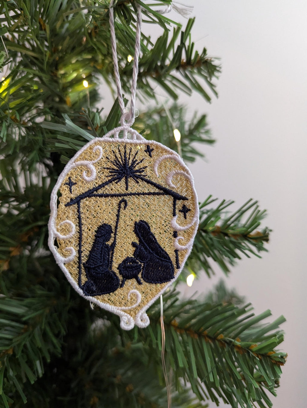 Hanging nativity decoration, machine embroidery, first Christmas