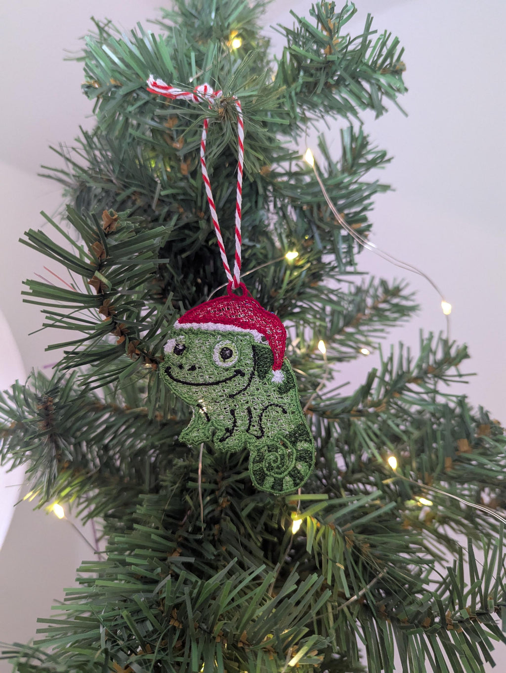 Embroidered hanging Chameleon for the christmas tree, fun playful decoration