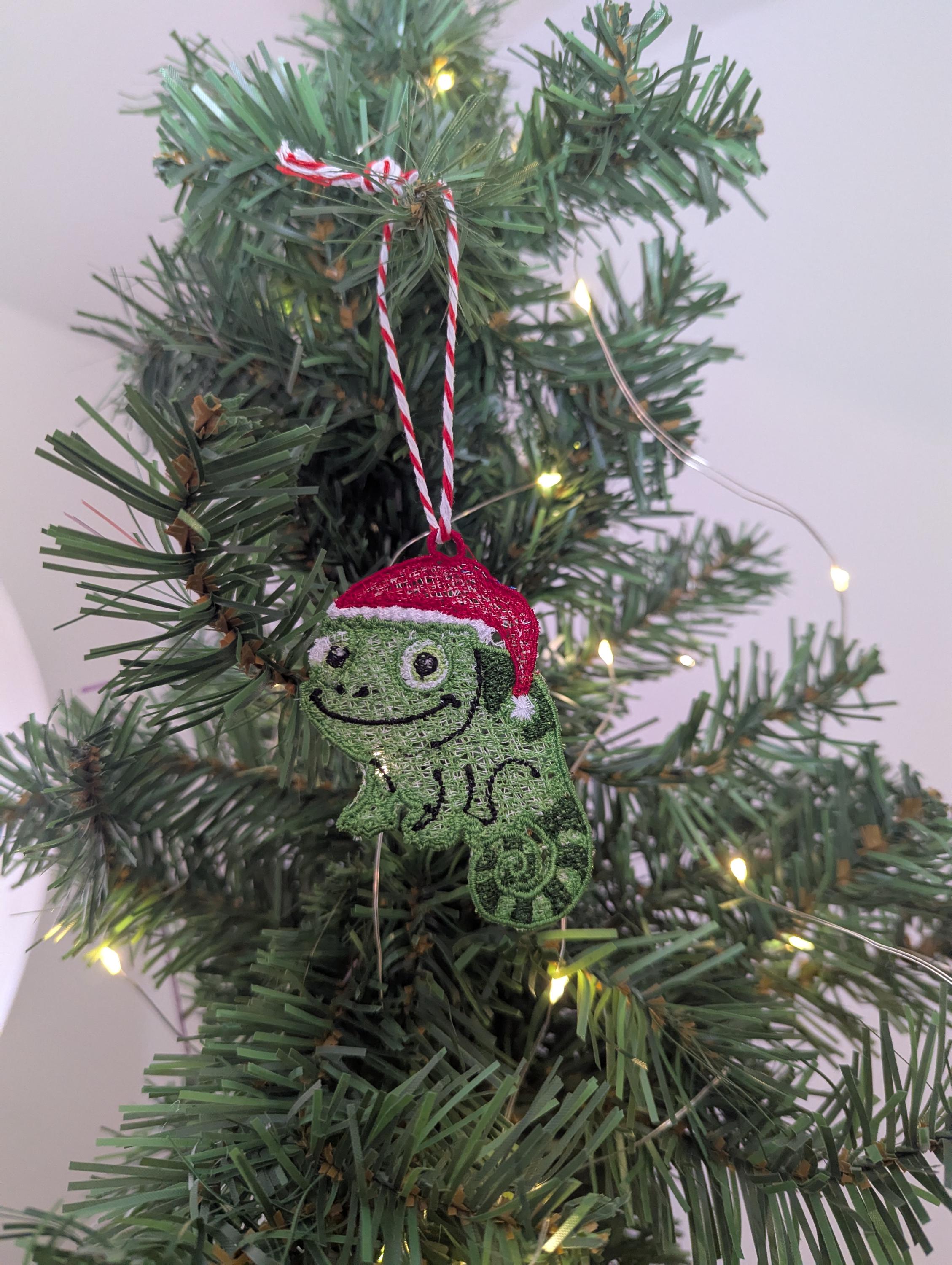 Embroidered hanging Chameleon for the christmas tree, fun playful decoration