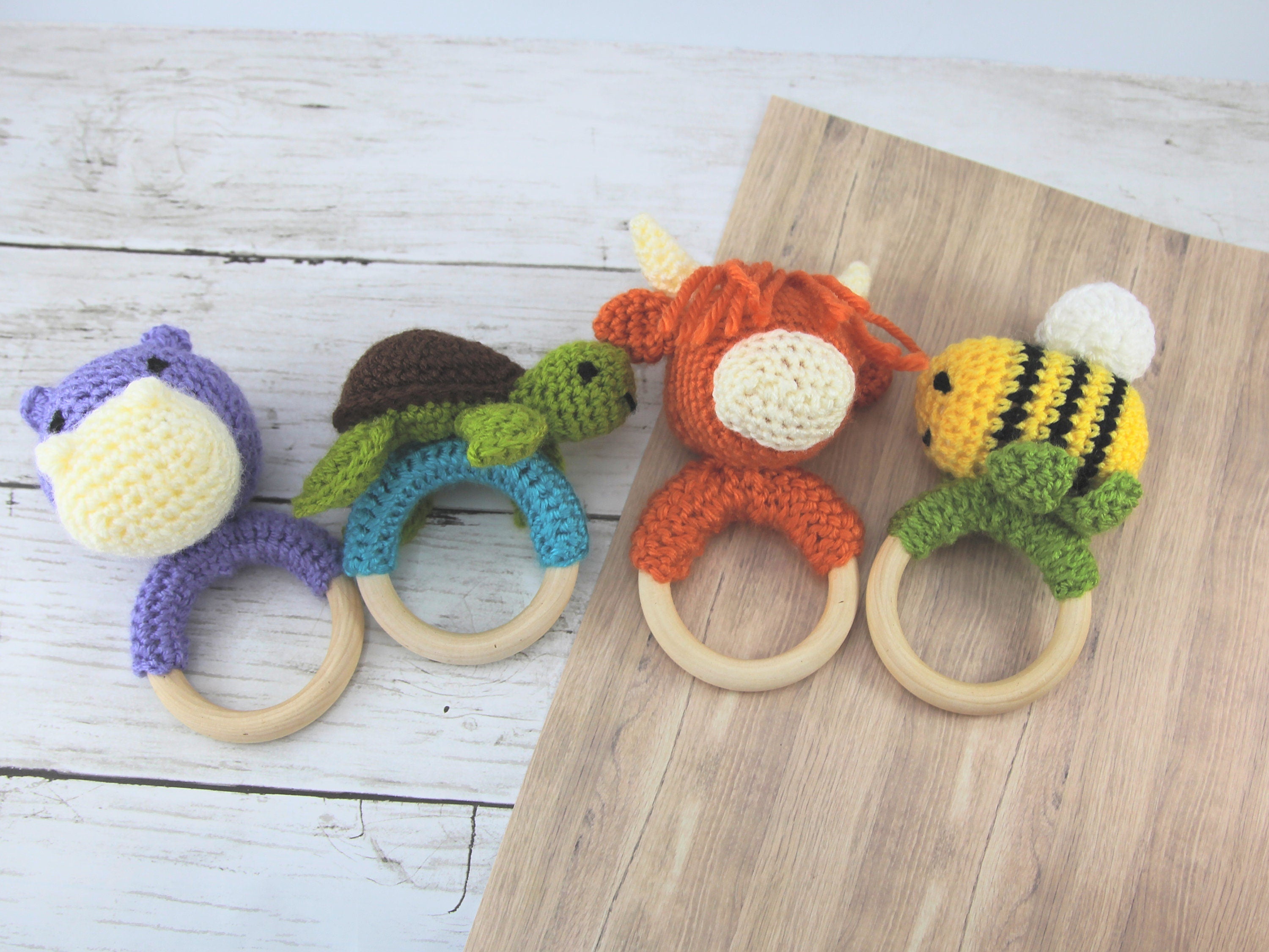 Crochet Highland Cow Teether Rattle, Wooden Teething Ring