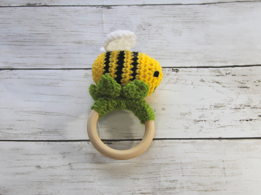 Crochet Bumblebee Wooden Teething Ring, Baby Shower Gift