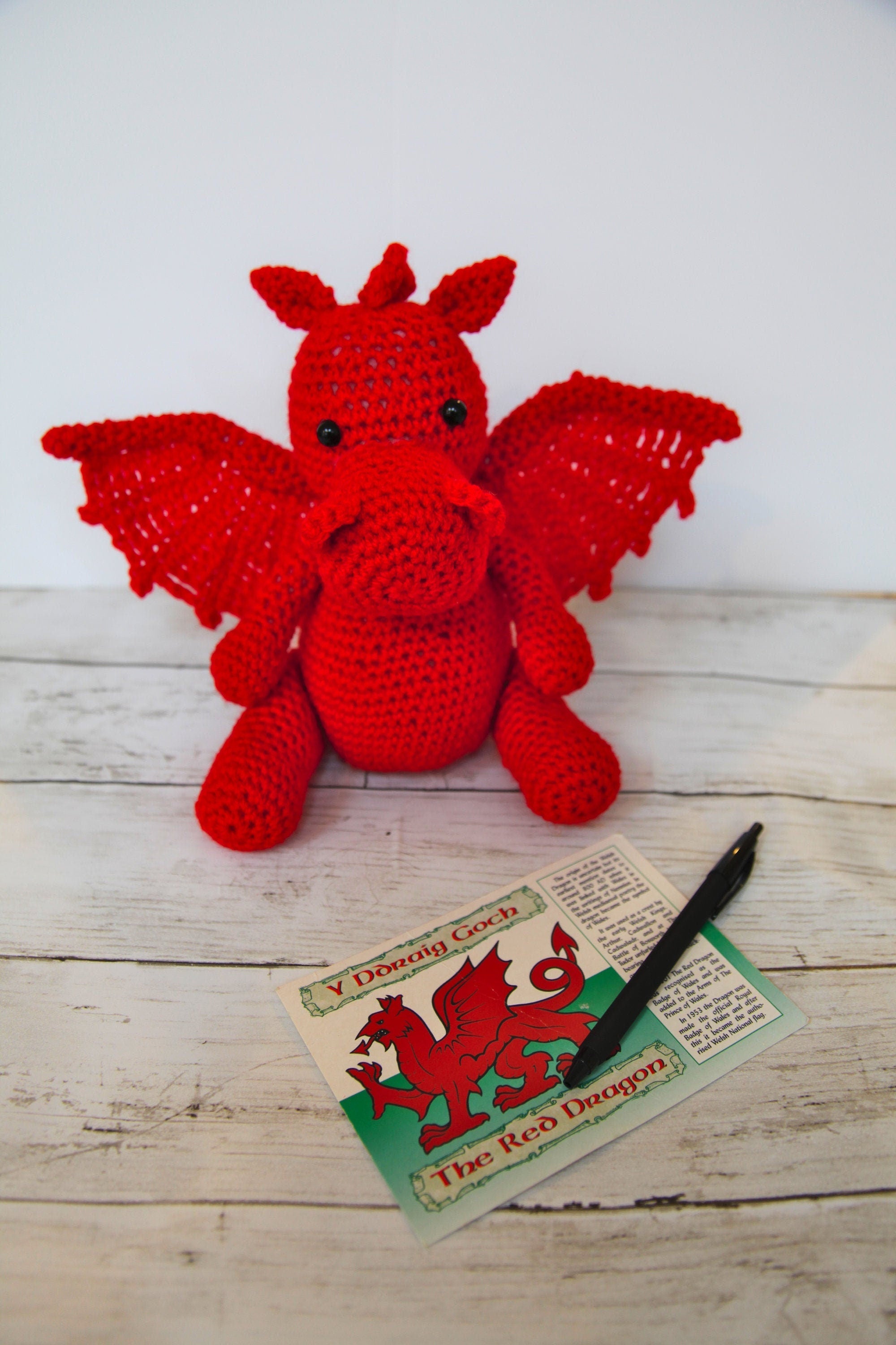Welsh cuddly crochet dragon, soft stuffed knitted toy, stuffies, plushies, plush toys