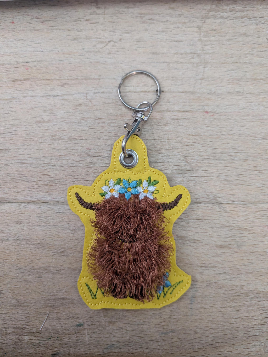 Highland cow keychain, machine embroidered keyring