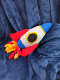Cuddly Rocket crochet soft plush toy, plushies outer space, spacecraft, space planets moon stars