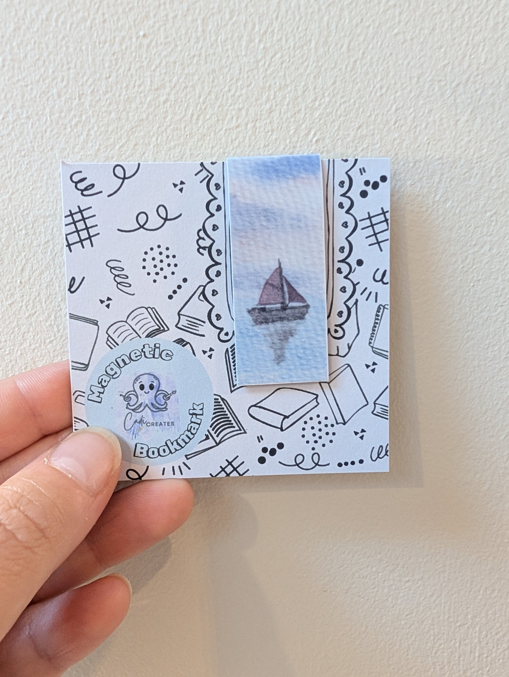 Boat seascape magnetic bookmark, hand painted watercolour design