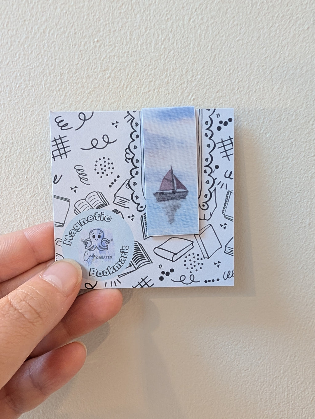 Boat seascape magnetic bookmark, hand painted watercolour design