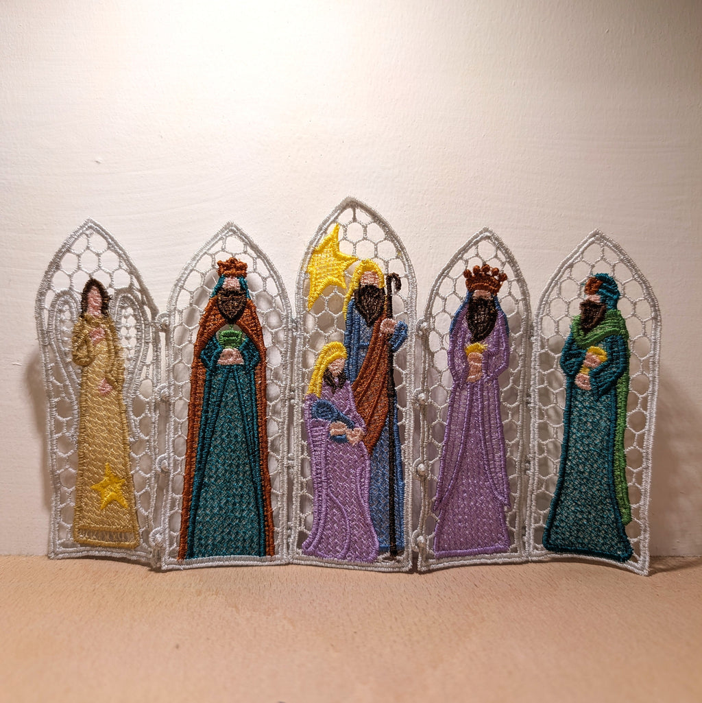 Nativity Lace Screen decoration, machine embroidered freestanding lace