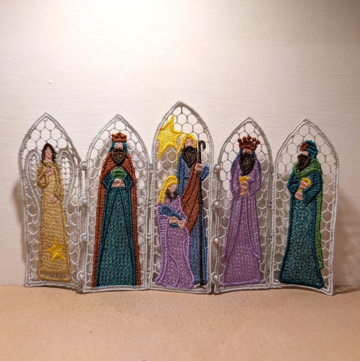 Nativity Lace Screen decoration, machine embroidered freestanding lace