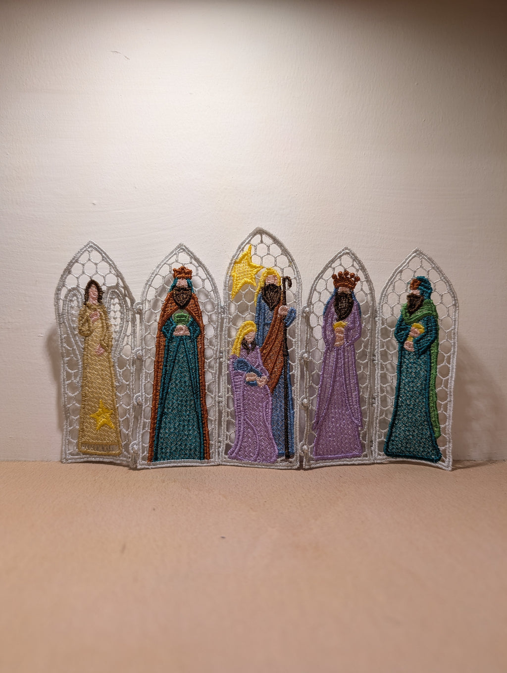 Nativity Lace Screen decoration, machine embroidered freestanding lace