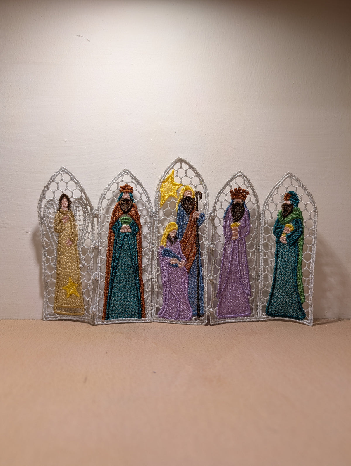 Nativity Lace Screen decoration, machine embroidered freestanding lace
