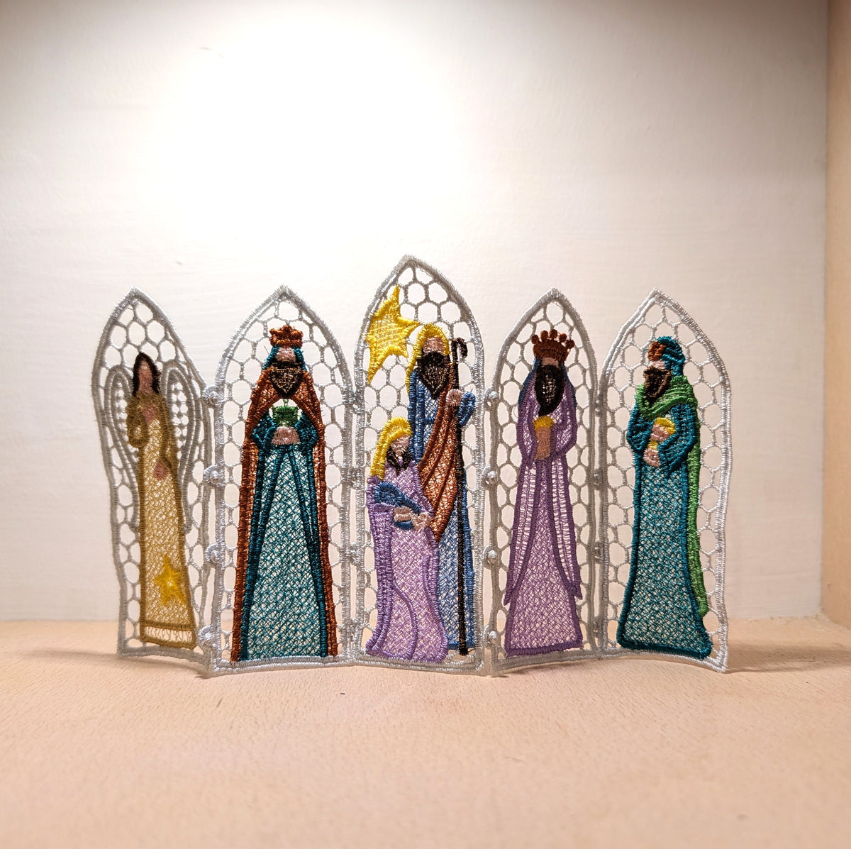 Nativity Lace Screen decoration, machine embroidered freestanding lace