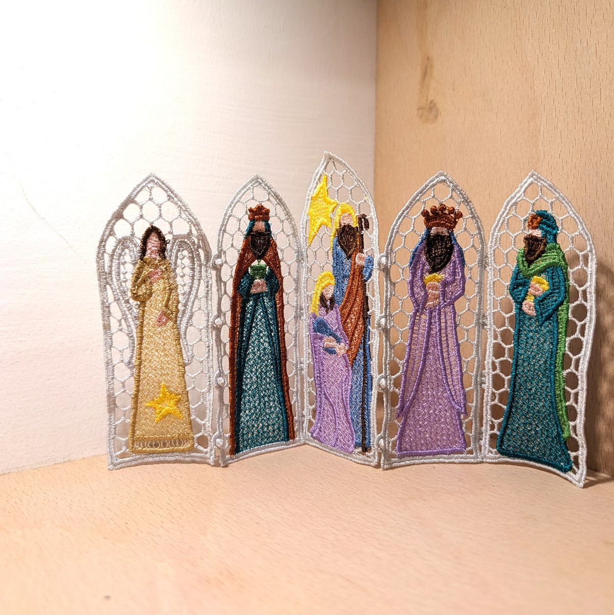 Nativity Lace Screen decoration, machine embroidered freestanding lace