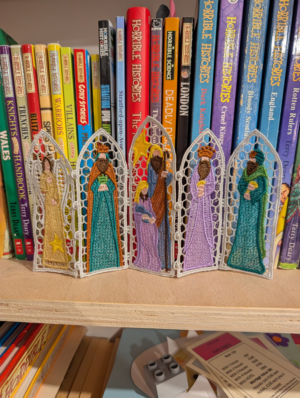 Nativity Lace Screen decoration, machine embroidered freestanding lace