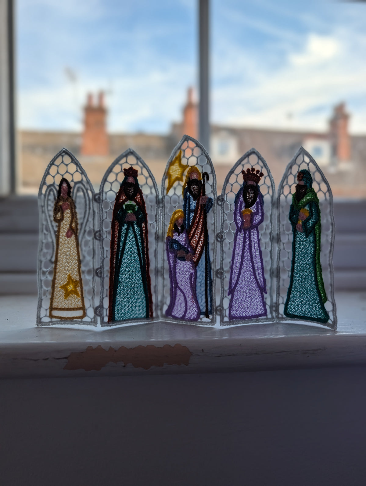Nativity Lace Screen decoration, machine embroidered freestanding lace