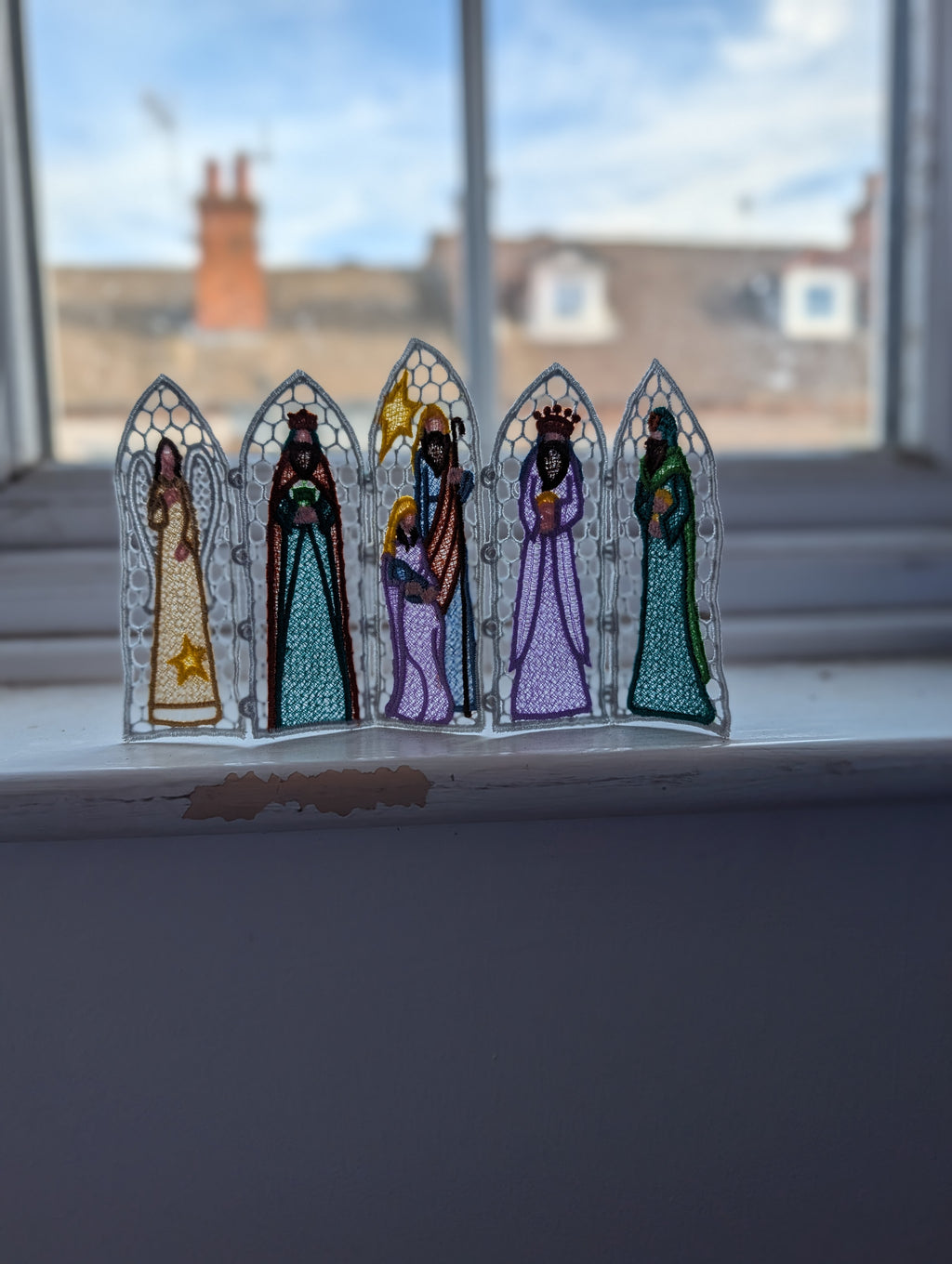 Nativity Lace Screen decoration, machine embroidered freestanding lace