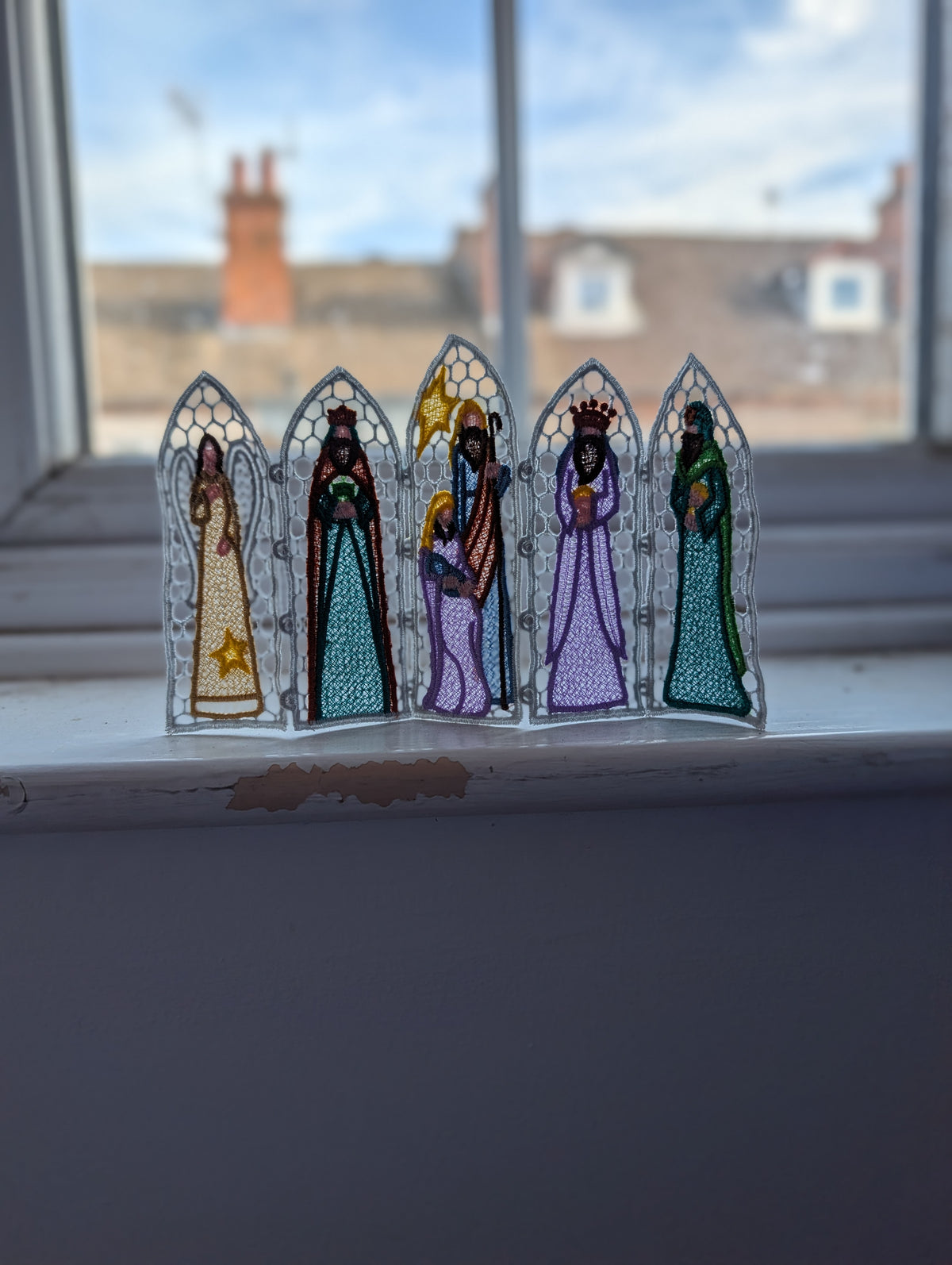 Nativity Lace Screen decoration, machine embroidered freestanding lace