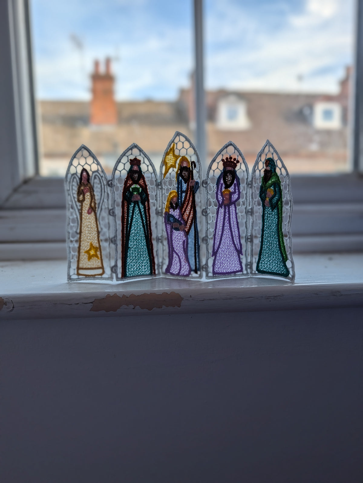 Nativity Lace Screen decoration, machine embroidered freestanding lace