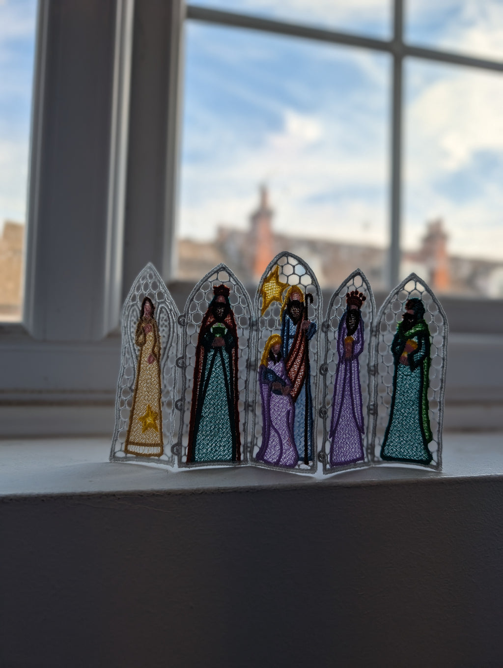 Nativity Lace Screen decoration, machine embroidered freestanding lace