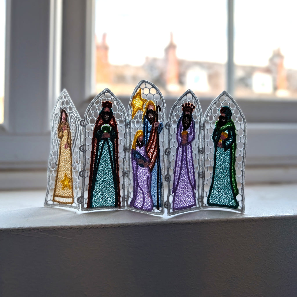 Nativity Lace Screen decoration, machine embroidered freestanding lace
