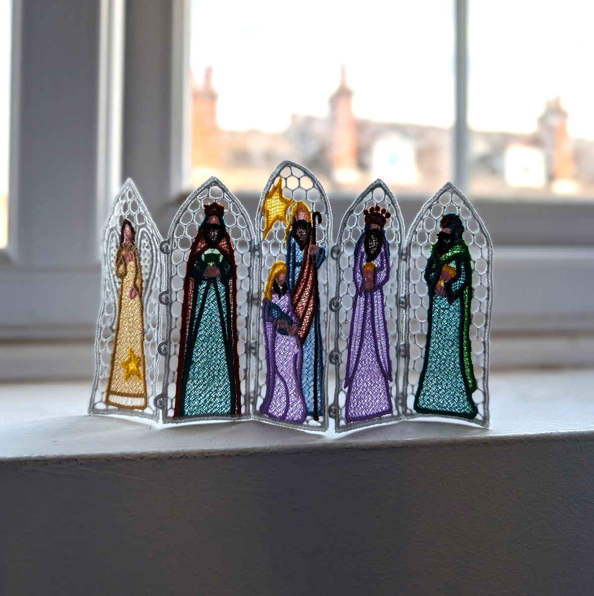 Nativity Lace Screen decoration, machine embroidered freestanding lace
