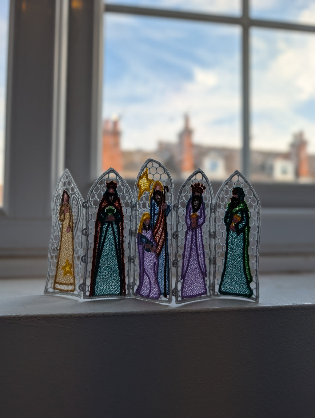Nativity Lace Screen decoration, machine embroidered freestanding lace