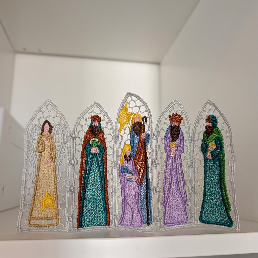 Nativity Lace Screen decoration, machine embroidered freestanding lace